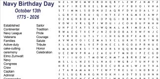 Word Search: Navy Birthday Day: October 13th 1775 – 2026